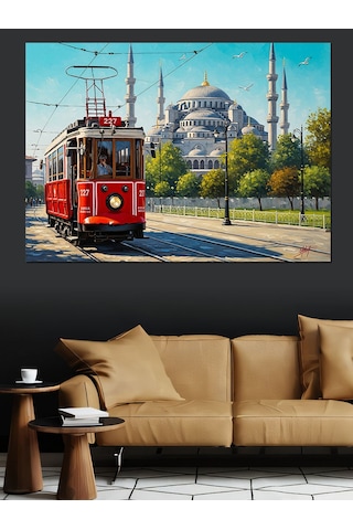 Kırmızı Tramvay İstanbul Şehri Dekoratif Kanvas - Mdf Ahşap Tablo
