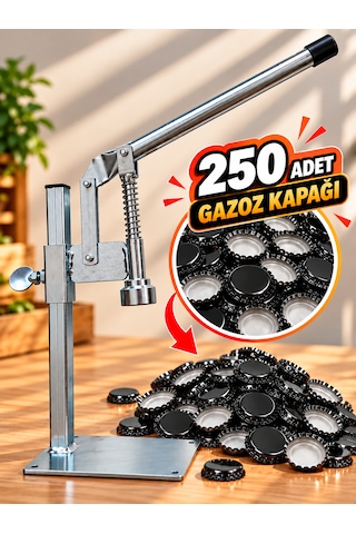 Gazzel Şişe Kapatma Aleti Gazoz Soda Şişesi Taç Kapak Makinası + 250 Adet Gazoz Kapağı Makine + 250 Adet Kapak