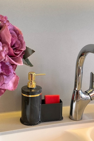 Makri Home Mutfak Veya Banyo İçin Şık Altın Rengi Detaylı Süngerlikli Sıvı Sabunluk , Yerli Üretim Gri