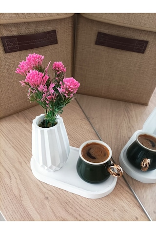 Mini Desenli Oval Beton Saksı Tekli Ve Oval Tabak - Yapay Çiçek Hediyeli - Pembe Tomurcuk