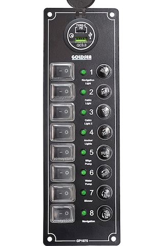 Goldsea Switch Panel 8 Anahtarlı Voltmetreli Usb-C Soketli 12-24 V 250X80Mm