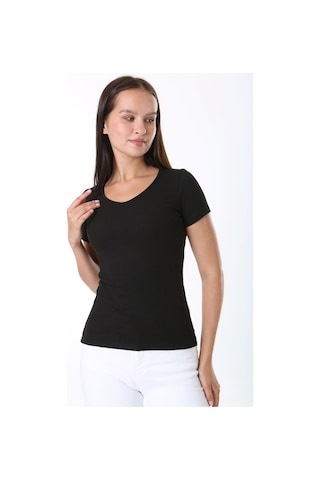 Rooted-kadın Basic V Yaka T-shirt ,fitilli Kaşkorse Kumaş Bluz SIYAH