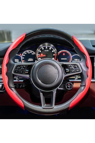 Yifomall Evrensel 15 İnç Karbon Fiber Direksiyon Kılıfı - Kaymayı Önleyen Ve Kolay Takılır Kırmızı Kırmızı