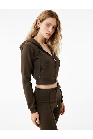 Koton Pamuklu Cepli Uzun Kollu Fermuarlı Kapüşonlu Crop Sweatshirt Kahverengi 6wak10025ek Kahve