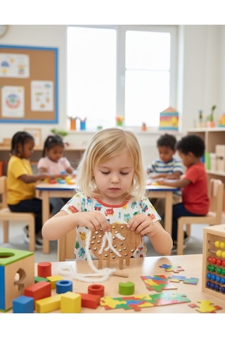 Montessori Ahşap İp Geçirme Oyunu Kuzucuk İnce Beceri Geliştirici Bağlama Ve Düğüm Atma Koordinasyon