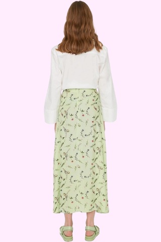 Ersefa Moda Tesettür Regular Çiçekli Desen Günlük Maxi Boy Puantiye Desenli Çan Dokuma Etek Yeşil