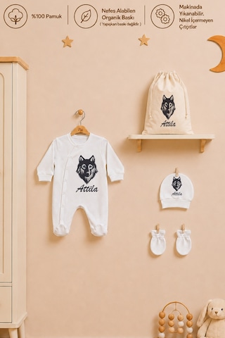 Pia Baby İsme Özel Erkek Bebek Tulum %100 Pamuk Organik Baskılı İsimli Bebek Tulumu Ham Bez Kıyafet Kesesi Bebek Hediye Seti 2016tk0x Krem