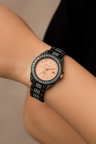 Taşlı Metal Kordon Takvimli Kadın Kol Saati Siyah/içipembe - 646846802 Rose Gold