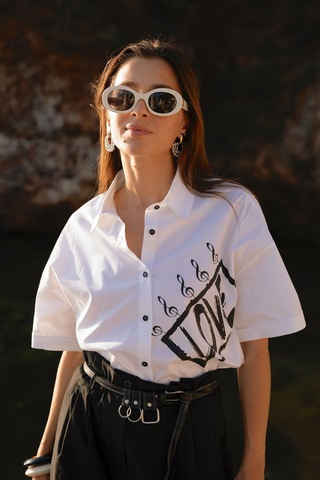 Kadın Kısa Kollu Baskı Detaylı Gömlek Frn6005 Beyaz