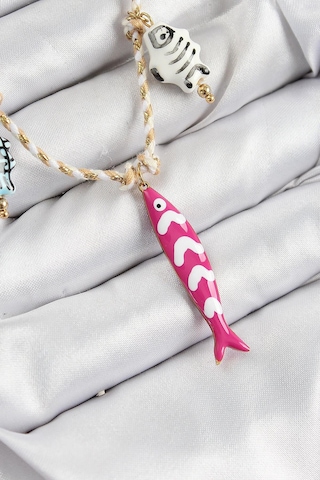 Seramik Motifli Pembe Balık Figürlü Model Krem İp Kadın Kolye Çok Renkli