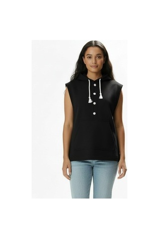 Lyvean Kapşonlu Kolsuz Düğmeli Üç İplik Penye Sweatshirt Siyah