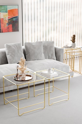 Orta Sehpa Salon Oturma Odası İkili Kare Gold Altın
