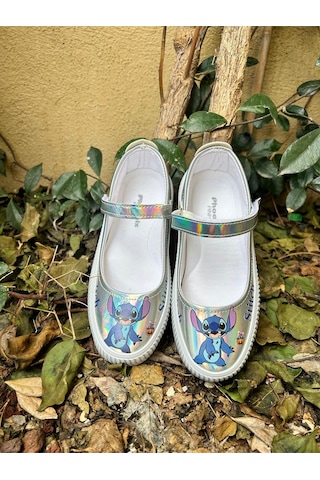 Scarpe Magiche Stitch Kız Çocuk Hologram Parlak Babet Cırtlı Ayakkabı 31-35 Numara Arası Işıksızdır Gümüş