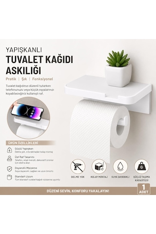 3b Trend Yapışkanlı Tuvalet Kağıdı Askılığı Raflı - Delme Gerektirmeyen Raflı Tuvalet Kağıdı Tutucu Beyaz