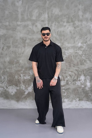 Erkek Polo Yaka Oversize T-shirt SIYAH
