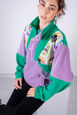 Kadın Erkek Kedi Desenli Yarım Fermuarlı Polar Sweatshirt