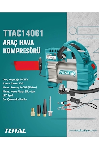 Total Araç Hava Kompresörü Led Işıklı Çakmaklı Kablo - Ttac14061