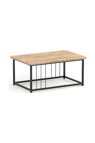 Ahşap Orta Sehpa 60x90 Modern Metal Ayak Siyah Tam Çerçeve Çam Desen Salon Ofis Balkon Sehpası - Town