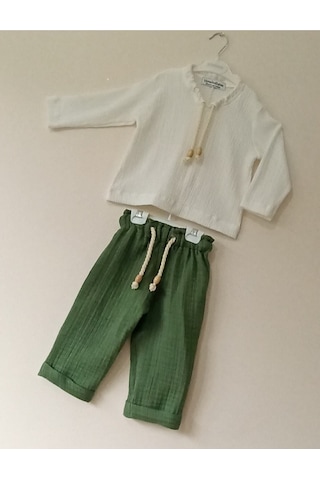 Terzim Ayşenur Çocuk Müslin Pantolon Tişörtlü Pantolon Takım Turuncu Ve Yeşil Renk 0-5 Yaş Yeşil