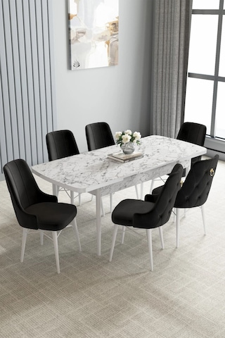 Zümra Serisi, Beyaz Mermer Desen 80x132 Açılabilir Mdf Mutfak Masası Takımı 6 Adet Sandalye Siyah