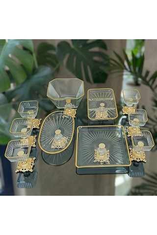 Assa Bazaar 10 Parca Gold Metal Ayaklı Pasta - Salata - Tatlı - Kase Ve Servis Sunum Seti