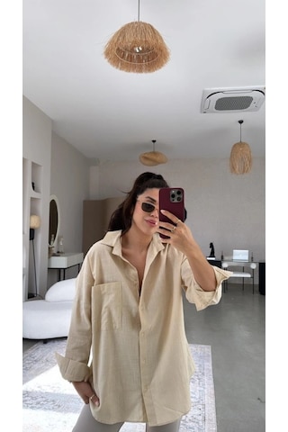Defymoda Kadın Tek Cepli Over Size Ketem Gömlek Vizon