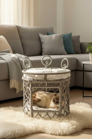 Reyo Lüxperi Kristal Taşlı İki Katlı Kedi Yatağı, Kedi Ranzası Açık Gri