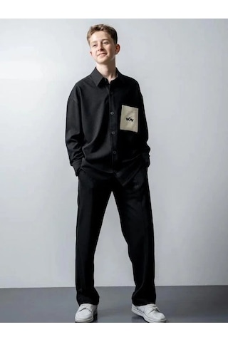 Erkek Çocuk Oversize Uzun Kol Gömlek Pantolonlu Takım-15544 Siyah