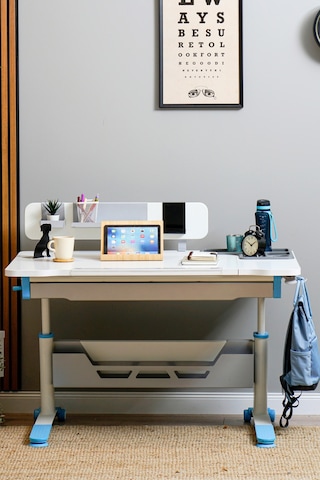 Sirius Standart Yükseklik Ve Eğim Ayarlı Çekmeceli Bilgisayar, Ofis Ve Çalışma Masası Ekru Mavi Gri