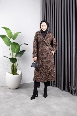 Harman Butik Kadın Astarlı Leopar Desenli Kaşe Kaban Kahverengi Kahverengi
