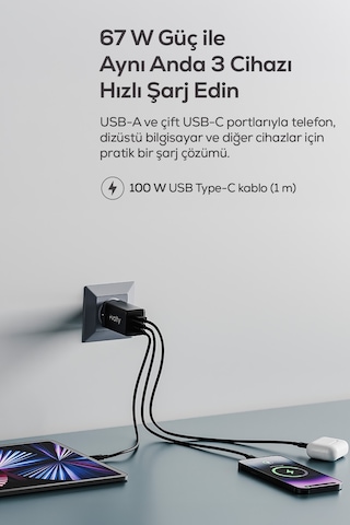 Hızlı Şarj Adaptörü 67w Gan + Type-c Kablo 100w Pd 3 Port, İphone & Samsung Uyumlu V0102011