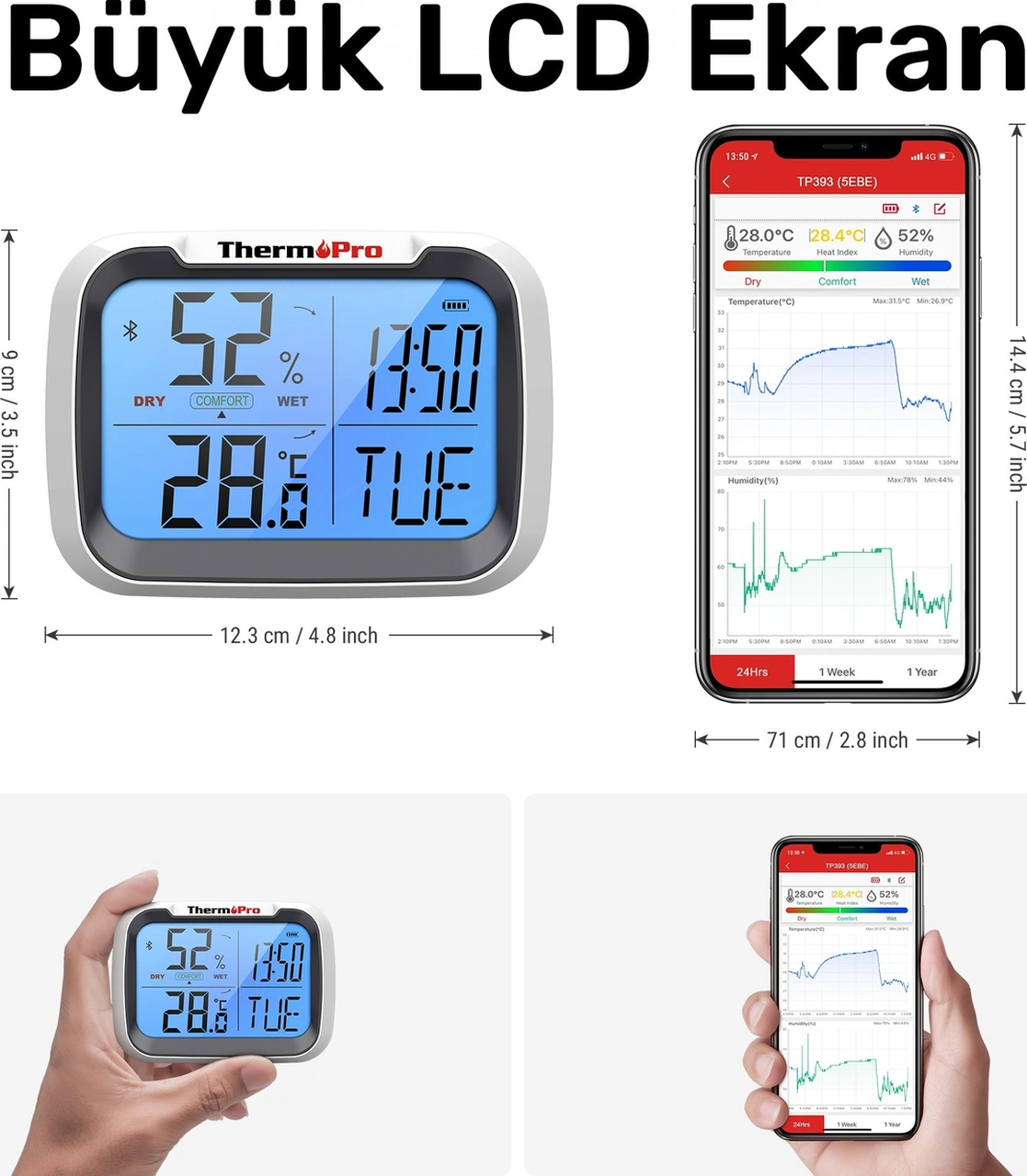 ThermoPro TP393B Akıllı Bluetooth Uygulama Destekli Dijital Sıcaklık ve Nem Ölçer Termometre