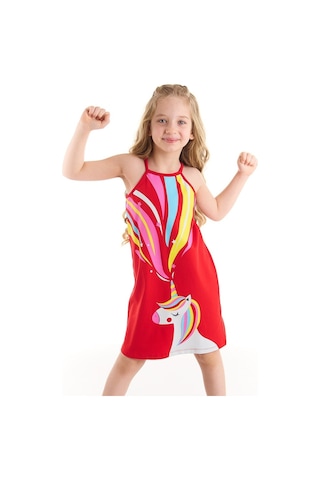 Denokids Unicorn Love Kız Elbise Kırmızı