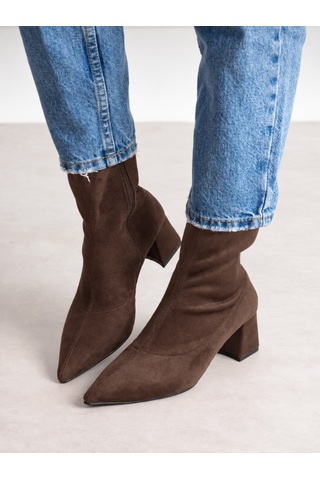 Dabab Shoes Bega Kadın Acı Kahve Streç Süet Sivri Burun Fermuarlı 6 Cm Kalın Topuklu Bot Bootie Kahverengi