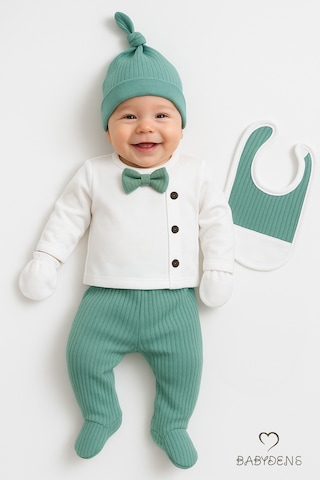 Babyden's Erkek Bebek Hastane Çıkışı 5'li Takım %100pamuk Ribana Kumaş Papyonlu Zıbın, Şapka,eldiven,önlük,alt Yeşil