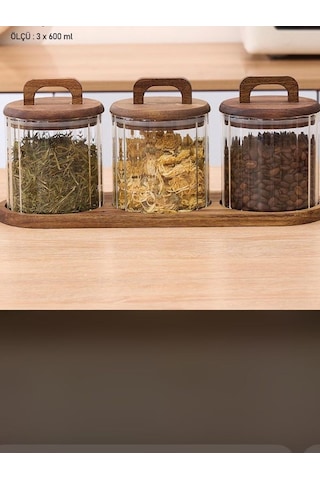 Qerhome 3'lü Borosilikat Cam Akasya Stantlı Akasya Kapaklı Çizgili Baharatlık 600 Ml ŞEffaf
