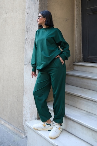 Mezka Regular Fit 2'li Takım Sweatshirt Beli Lastikli Jogger Eşofman Altı Yeşil