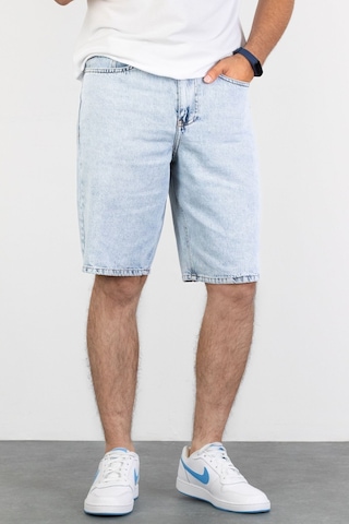 HLT Jeans Erkek Mavi Kar Yıkamalı Baggy Fit Rahat Kesim %100 Pamuk Denim Loose Jeans Kot Şort Arthur-Mavikar 001