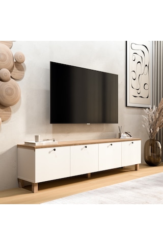 Robin Home Alaska Tv Ünitesi Sehpası 4 Kapaklı Ahşap Ayaklı 180cm Sepet-beyaz Beyaz