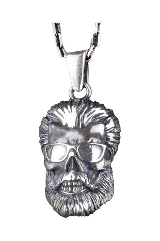 925 Ayar Gümüş Sakallı Kafatası Kolye, Gözlük Takmış El Yapımı Kafatası Pendenti, Cesur Erkek Takısı Gümüş