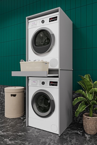 Asra Trend Çamaşır ve Kurutma Makinesi Dolabı BD05 %100 MDF Çekmeceli Raf Koyu & Gri