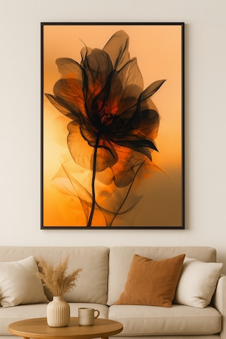 İçten Parlayan Çiçek - Gerçek Cama Baskı Gold Alüminyum Metal Çerçeveli Tekli Modern Tablo