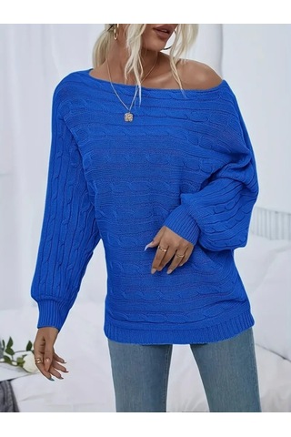Soonaksesuar Kadın Uzun Kollu Yakası Açık Saç Örgü Desenli Triko Bluz Saks Mavi