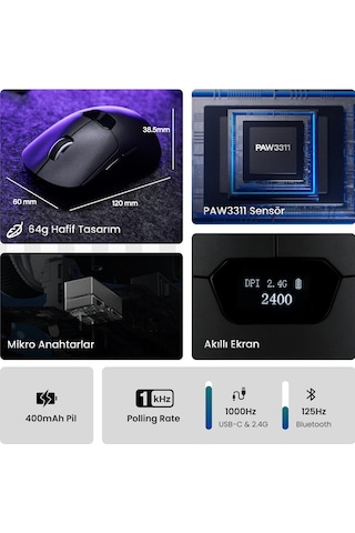 Aula Sc390 Paw3311 Sensör 20000 Dpı 1000hz Kablolu Ve Kablosuz Gaming Oyuncu Mouse Siyah Sc390