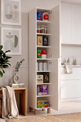 Robin Home Porto 2 Kapaklı 8 Raflı Ahşap Ayaklı Çok Amaçlı Mutfak Kiler Erzak Boy Dolabı Beyaz