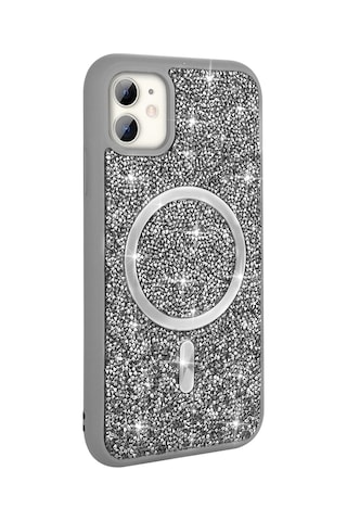 Apple Uyumlu iPhone 11 Uyumlu Kılıf Pırlanta Tasarımlı Magsafe Şarj Özellikli Zore Mozaik Silikon Kapak - Titanyu Gri -