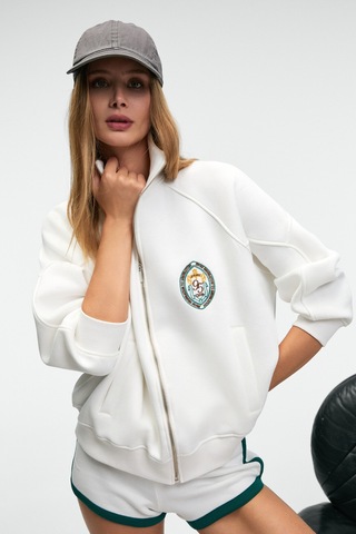 Grımelange TORMENTA Kadın Nakışlı Fermuarlı Dik Yaka Çift Cepli Reglan Kol Beyaz Sweatshirt