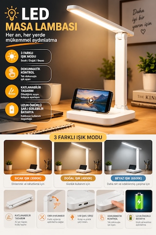 Şarj Edilebilir Katlanabilir Led Masa Lambası - 3 Işık Modlu Dokunmatik & Telefon Standlı Okuma Lambası Beyaz