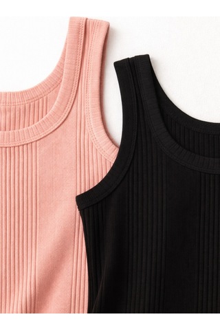 Demirsa Boutique Pamuklu Penye Kaşkorse Kumaş Kalın Askılı Oval Yaka Siyah Ve Pudra Renk Kadın 2'li T-shirt Atlet Siyah-pudra