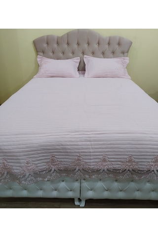 Yatak Örtüsü Zmrt Çift Kişilik Dantelli Çık Pembe Pamuk Pembe